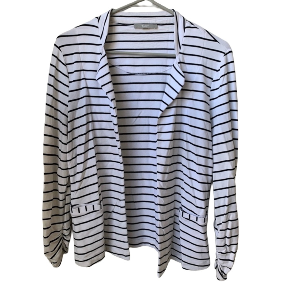 TART Women’s Cream w/ Black Stripe Open Front Long Ruched Sleeve Cardigan
